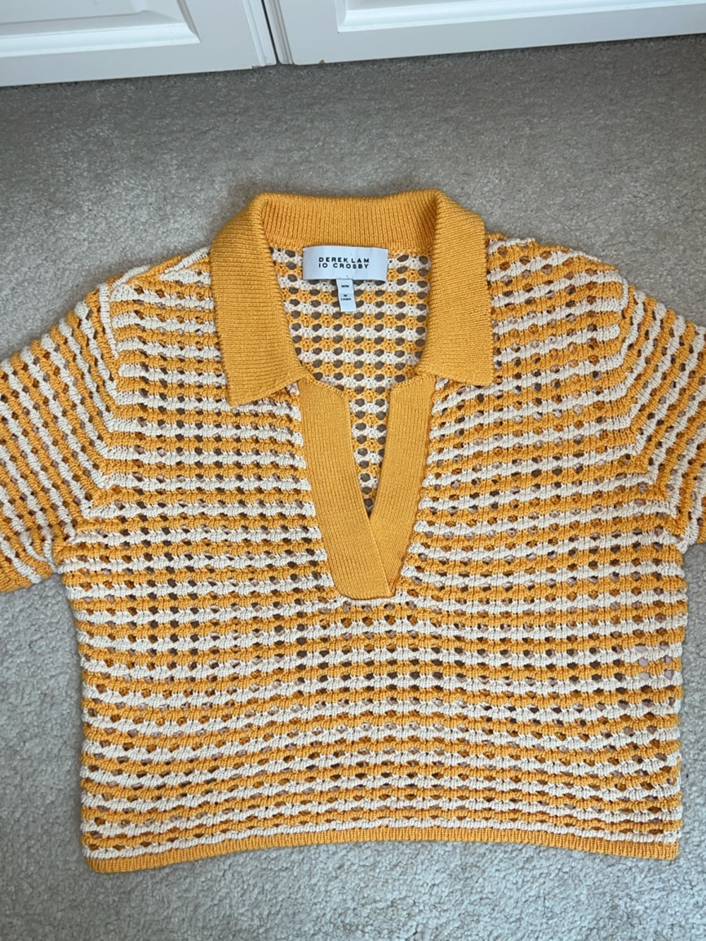 10 Crosby Derek Lam Orange & White Open-Knit V-Neck Crochet Polo Sweater M